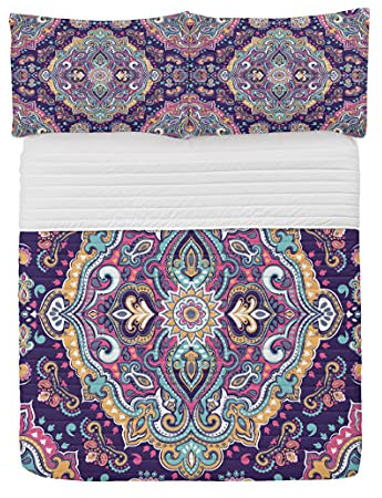 ABAKUHAUS Ethnisch Mikrofaser Tagesdecken Set, Boho Bunte, weiches Bettwäscheset mit Kissenbezügen und Steppdecke, 220 cm x 220 cm, Aubergine