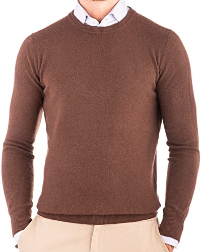 CZ - Maglione Uomo Girocollo 30% Pure Cashmere 70% Pura Lana Made in Italy Lana Pullover a Manica Lunga Soffice e Morbido (L, Marrone)