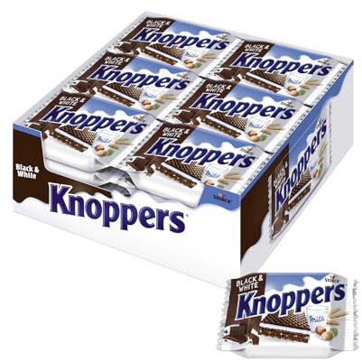 Knoppers Black and White – 24 x 25g – Gefüllte Waffelschnitte mit dunklen Kakaowaffeln, dunklen Gebäckstückchen und Nougatcremefüllung