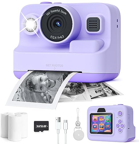 Instant Print Camera for Kids,2.4 Inch Screen Kids Instant Cameras, Christmas Birthday Gifts for Girls Age 3-12, Portable Toddler Toy for 3 4 5 6 7 8 9 10 Year Old Girls Boys Purple
