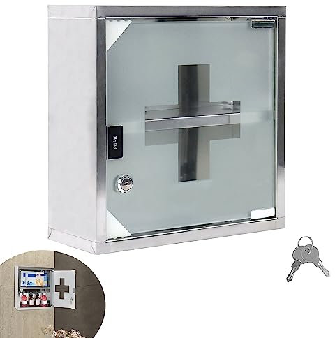 YRHome Medizinschrank aus Edelstahl 2 Fächer mit Glas Tür und Schloss abschließbar Arzneischrank Medikamentenschrank Erste Hilfe Schrank Hausapotheke Schrank 30 x 30 x 12 cm