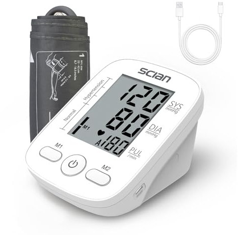 Scian Blutdruckmessgerät Oberarm für den Heimgebrauch, automatischer Blutdruckmessgeräte mit Universal Manschette 22-42cm, großes LCD-Display, 2-Benutzer 180 Speicher, USB-Kabel (weiß)