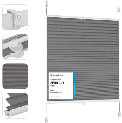 Sekey Plissee ohne Bohren Verdunkelung, Fenster Plissee Klemmfix Jalousie 55 cm breit, Verspannt Blickdicht Sonnenschutz Fensterollo, 55x100cm, Dunkelgrau