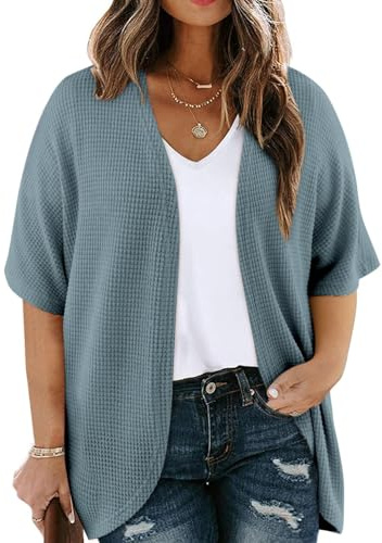 Eytino Women's Plus Size Open Front Kimono Cardigan Tops Short Sleeve Summer Waffle Knit Blouses Solid Light Weight Oversized Outwear Haze Blue 4X