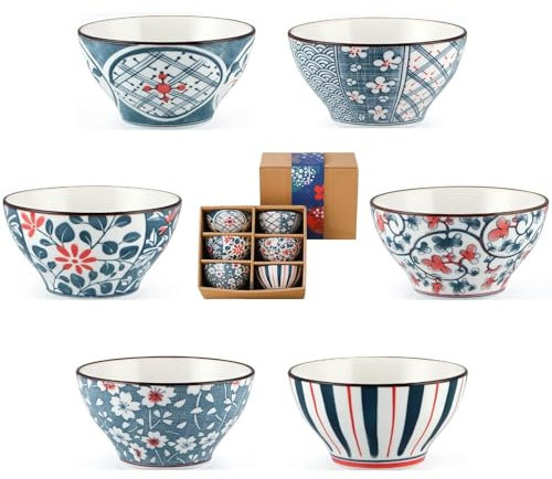 Home & Treat 6 Pcs Ceramic Bowls Set (10 oz) | Floral Japanese Porcelain Serving Bowl Gift Set | Multifunctional for Rice Soup, Sushi, Noodles, Fruit and Desserts