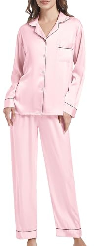 SHCNSJC Silk Pyjamas for Women Satin Pyjama Set Button Down Ladies Pyjamas Two Piece Silk Pjs for Women Sets, Pink M