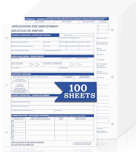 50 fogli di cartelle bilingue per candidature per dipendenti, 21 x 28 cm, modulo di domanda di lavoro per impiego, 3 fori, inglese e spagnolo, per dettagli personali, forniture per ufficio (100)
