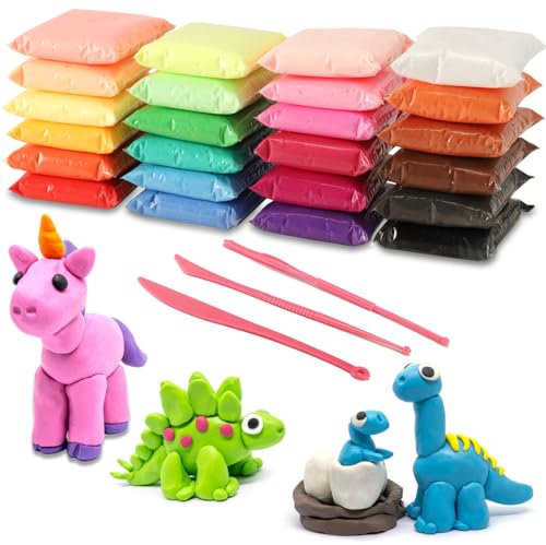 Vabrloy Modelliermasse Kit,24 Farben Polymer Clay Set,DIY Kinder Knete Set mit 3 Schnitzwerkzeugen,Ultraleicht Kinderknete,Modelliermasse Lufttrocknend Geschenk für Jungen und Mädchen