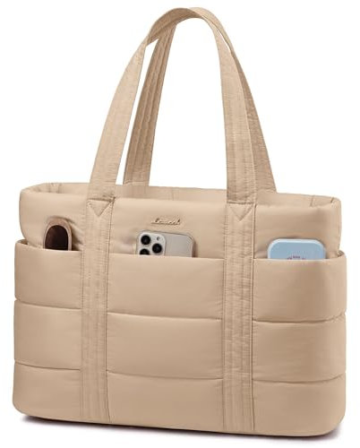 LOVEVOOK Laptop Handtasche Damen, 15,6 Zoll Shopper Tasche Puffer Tote Bag Arbeitstasche, Groß Lehrertasche Schultertasche Bürotasche Aktentasche Women Handbags für Uni Business Schule, Khaki