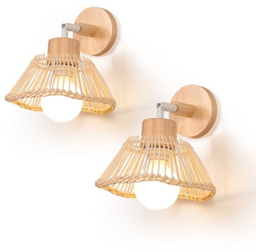 LIGKIN 2 Piezas Lámparas de Pared Tejidas a Mano E27 Aplique de pared Vintage Pantalla de Aplique de Bambú Iluminación Interior Madera para Sala de estar, Dormitorio, Pasillo
