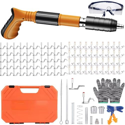 Pistola De Clavos,Pistola Clavos,Pistola De Uñas Ajustable,50 clavos de abrazadera de tubo y 50 clavos de gancho(7.3mm),5 Engranajes Silenciador doble ajustable para la fijación (naranja)