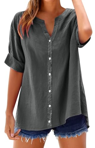 Dam linneblus bomull V-ringning elegant överdimensionerad bomullströjor avslappnad bekväm sommar vår andningsbar blus vintage enfärgad tröja t-shirt arbete kontor mode blus