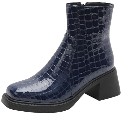 BULVJ Botines para mujer con tacón en bloque Cremallera lateral Botines Sencillo Liso, azul oscuro, 38 EU