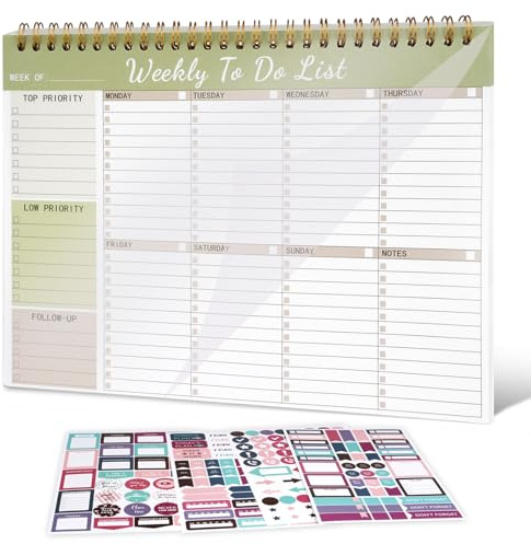 Weekly Planner Pad, 25 X 17.6cm To Do List Notepad,Undated Weekly Planner Notebook,52 Sheets Spiral To Do List Pad with 4 Sheets of Stickers for Work Study Fitness Family Schedule