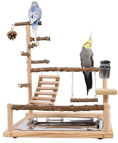 Wooden Parrot Play Stand, 45x37x26cm | Budgie Playground with Swing, Ladder & Feeder Cups, Non-Toxic Hardwood Bird Gym, For Parakeets Cockatiel