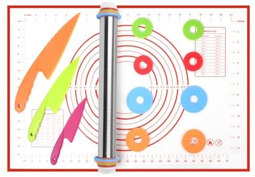 Mattarello in acciaio inox con distanziali, quattro rondelle e guide di taglio, adatto per preparare pizze, torte, pane, basi per pasta, crostate e altro ancora