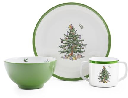 Spode Set di stoviglie in melamina con albero di Natale, 3 pezzi, piatto da 20,3 cm, ciotola da 12,7 cm, tazza da 283,5 g, collezione festiva e durevole per bambini, stoviglie natalizie con motivo