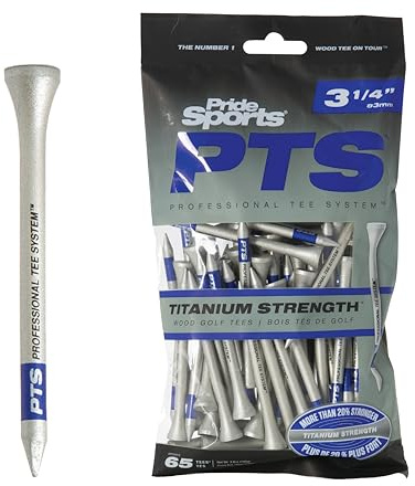 PrideSports PTS Titanium Strength Wooden Golf Tees | 65 Count, 2-3/4 Inch | 8% Thicker Shaft for More Durability