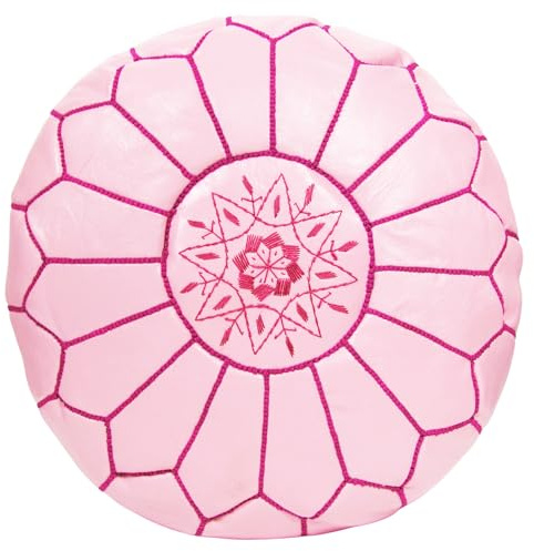 ALMADIH Leder Pouf Sitzkissen rosa mit lila Ziernaht Robustes Leder + formstabile Füllung - Traditionelle Handarbeit Sitzsack Ottoman marokkanische orientalische Bodenkissen pink Magenta (Pouf rosa)