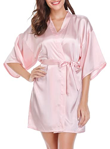 Vlazom Kimono Femme Satin Mariage Manche Courte Peignoir Femme Soie S-XXL,S,Rose
