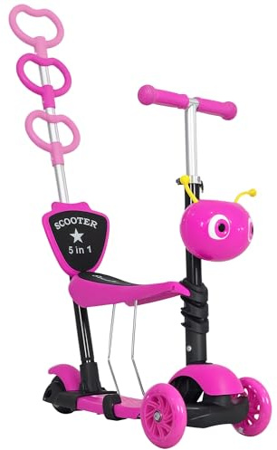 HOMCOM 5 in 1 Kids Scooter 3 Wheel Toddler scooter Kick Scooter with Adjustable Handlebar, Removable Seat & Back Rest for 18 Month+, Pink