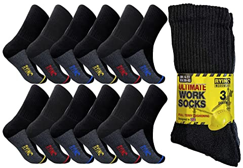 Heavy Duty Work Socks 12 Pairs Safety Boot Walking Reinforced Heels and Toes - Cotton Rich Cushion Support Arch Compression Ideal Warehouse, Builders, Mechanics & Other Outdoors (UK 6-11)