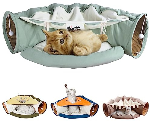 LEFTSTARER 2-in-1 Collapsible Cat Tunnel for Indoor Bed and Hideout - Pet Dog Rabbit Bunny Ferret Tunnel Tubes Toys with Removable Washable Mat, Tower Wheel Stuff