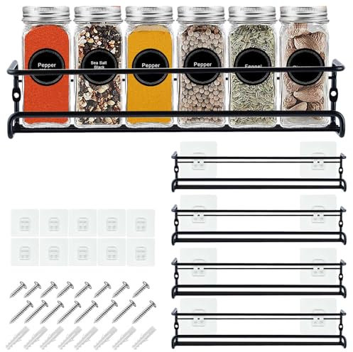 BAORELST Spice racks Organizer 4 Tier Wall Mounted Condiment Holder With Adhesive Sticker and Screws for Kitchen Condiments & Inside Cupboard Spice Organizer Tidy (Black)