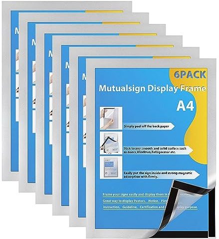 Mutualsign A4 Cornice Magnetica Autoadesiva per Espositore, Magnetic Cornice per Display su Superfici Lisce e Solide, Cambio Rapido, Confezione da 6, Argento