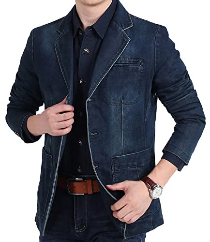 Giacca da costume in jeans da uomo, a maniche lunghe, in denim di cotone, con tasche, Blu scuro, L