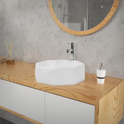 ML-Design Lavabo en Céramique Blanc Brillant, Ø 420x135 mm, Diamant Design, Vasque à Poser Ronde, Moderne, Lavabo de Comptoir Élégant, avec Trou d'Évacuation sans Valve de Vidange, pour Salle de Bain