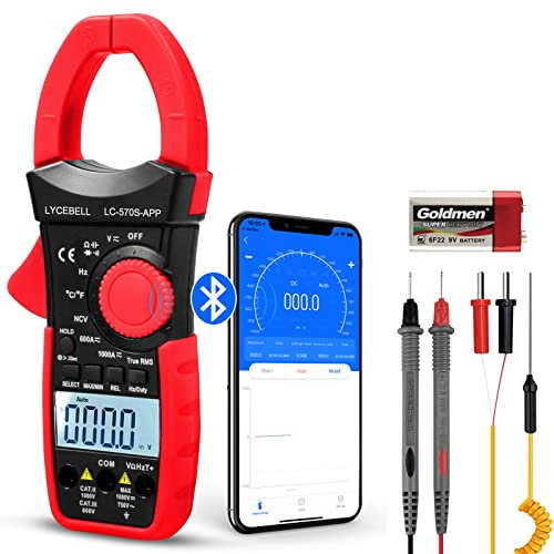 LYCEBELL Digital Stromzange Multimeter, LC-570S-APP True RMS Digitaler Strommesszange Multimeter für AC/DC Spannung Strom Widerstand Kappe Frequenz Temperatur NCV mit APP über Bluetooth
