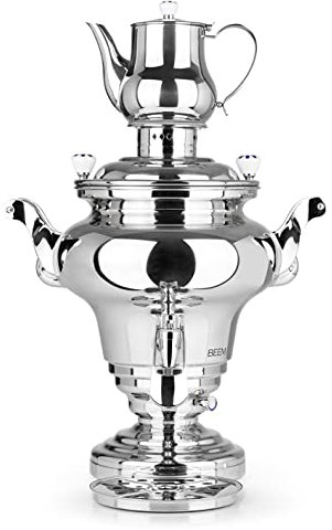 BEEM ROYAL+ Samowar - 15 l | Edelstahl | Türkischer Teekocher elektrisch | 3000 W| 2 l Edelstahl-Teekanne mit Sieb | 15 l Wasserkocher | NEU: Dispenser mit Einhand-Bedienung und Abtropfschale