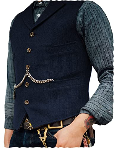 AeoTeokey Classic Mens Wool Tweed Suit Vest Casual Sleeveless Jacket Herringbone Waistcoat for Tuxedos(XS,Navy)