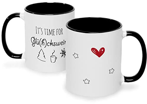 Tazza stampata con motivo natalizio – Its time for Glühckwein – Tazza per vin brulé come regalo per fidanzata – Bellissimi regali di Natale per lui e per lei – Colore nero e bianco