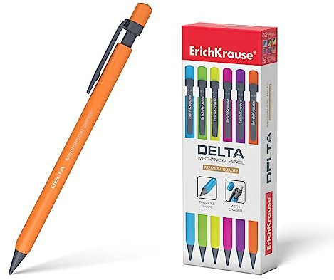 Erich Krause Stiftpenna HB 0,5 mm med suddgummi 12 stycken – neonblyertspenna set för kontor skola och hobby – pennpenna för att rita skissa skrivning