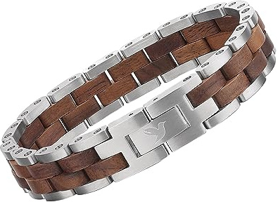 Woodstar (SILVER ALLIGATOR Bracciale da Uomo in Acciaio e Legno, Gioielli Moda Maschile, Braccialetto Regolabile Argento B23-001