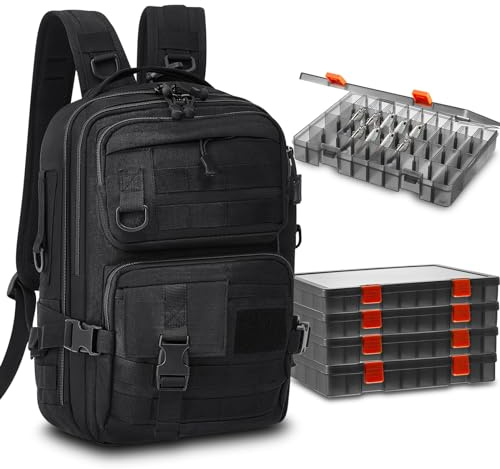 Locmeo Fishing Tackle Backpack with Rod Holders and 4 Tackle Boxes Large Storage Fishing Bags Water Resistant Tackle Bag for Camping Hiking Travel Gear and Equipment(Black,Shoulder Bag)