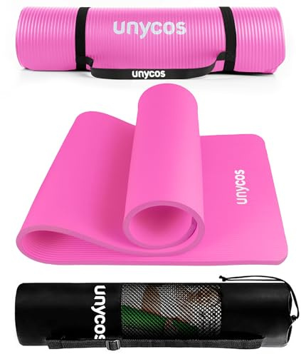 unycos - Tappetino Antiscivolo da Yoga, Pilates e Ginnastica Extra Spesso 15 mm, 183x60 cm | 72,04x23,62 Materassino Fitness, Schiuma NBR, Tracolla, Borsa (Rosa Scuro)