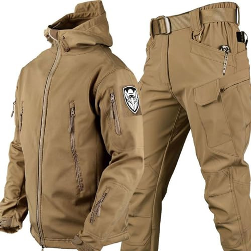 KEAAN Men Fishing Suits Winter Shark Skin Soft Shell Fleece Thick Mountaineering Camping Clothes Tactics Training Waterproof Set- Khaki||XXL
