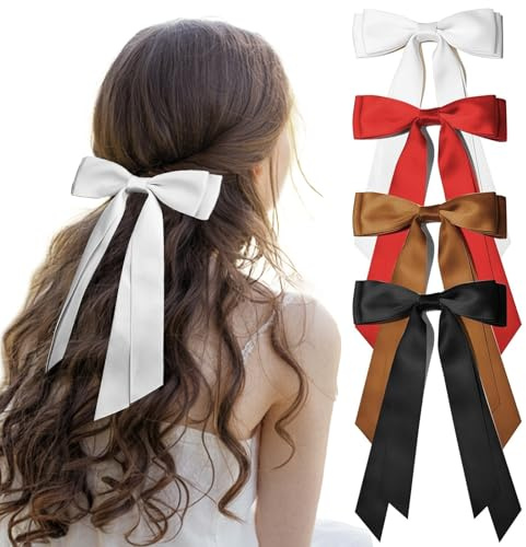 4PCS Hair Bows for Women - Bows for Hair Black Hair Ribbons for girls(White/Brown/Red/Black)