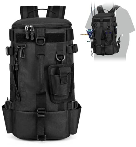 Senprity Angelrucksack mit Rutenhalter, Umhängetasche für Freizeit Outdooraktivitäten, Fisch Carryall Militär für Angeln Camping Wandern Radfahren 12.99x7.8x8.2in