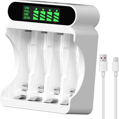IMREN Cargador de Pilas Recargables, 4 Slots de Carga Independientes con Pantalla LCD, Entrada 5V 2A Type-C y Micro USB, para Baterías Recargables NiMH/NiCD AA AAA