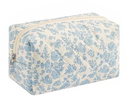 ASOMI Gesteppte Schminktasche Florale, Baumwolle Süße, Coquette Ästhetische Blumen, Kleine Gesteppte (Blau)