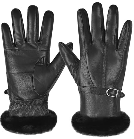 Harssidanzar Gants en cuir pour femmes, doublés thermiquement en peau de mouton pour l'hiver, SL022UK, Noir , M