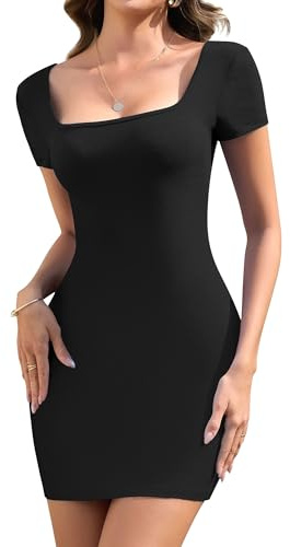 SHAPERIN Women's Dress Short Sleeve Bodycon Mini Dress Summer Pencil Dresses Tight Dress Short Square Neck Black M