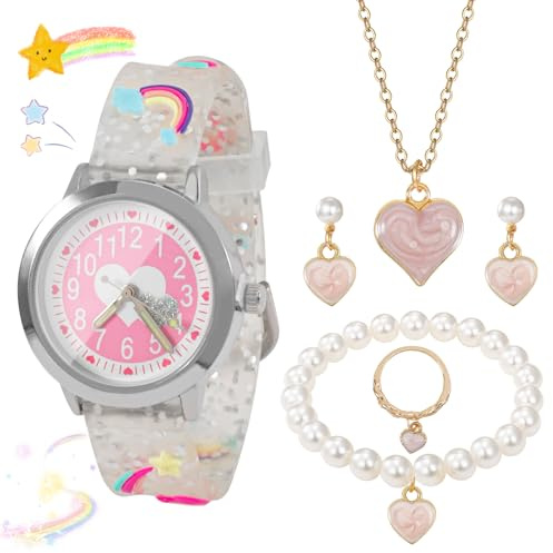 Kids Analogue Classic Quartz Watch with Heart Design - Girls' Time Teacher Set including Pink Necklace, Bracelet, Earrings, and Ring, 5PCS