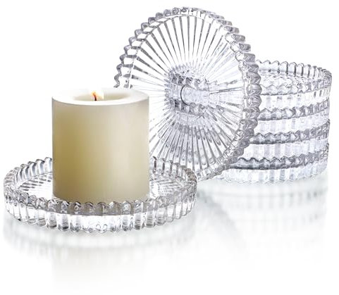 H&D HYALINE & DORA Set mit 6 Kerzenhaltertellern aus klarem Glas in Stumpenform, 10,2 cm runder Kerzenteller aus Glas, Kerzentablettteller für Esstisch, Hochzeitsfeier, Tafelaufsatz