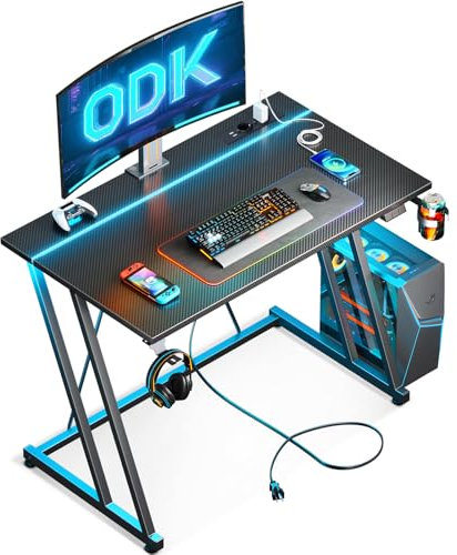 ODK 80 × 50 cm Mesa Gaming con Luces LED y Toma de Corriente, Escritorio Gaming con Soporte para Taza y Gancho para Auriculares, Diseño Doble Z Mesa Mesa Ordenador Fibra de Carbono Negro