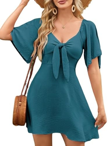 Sukiglam Robe Femme Ete Élégante Trapèze Robes Courte Col en V Nœud Papillon et Manches Courtes Décontractée Mini Robes de Plage Dos Élastique Robe Patineuse